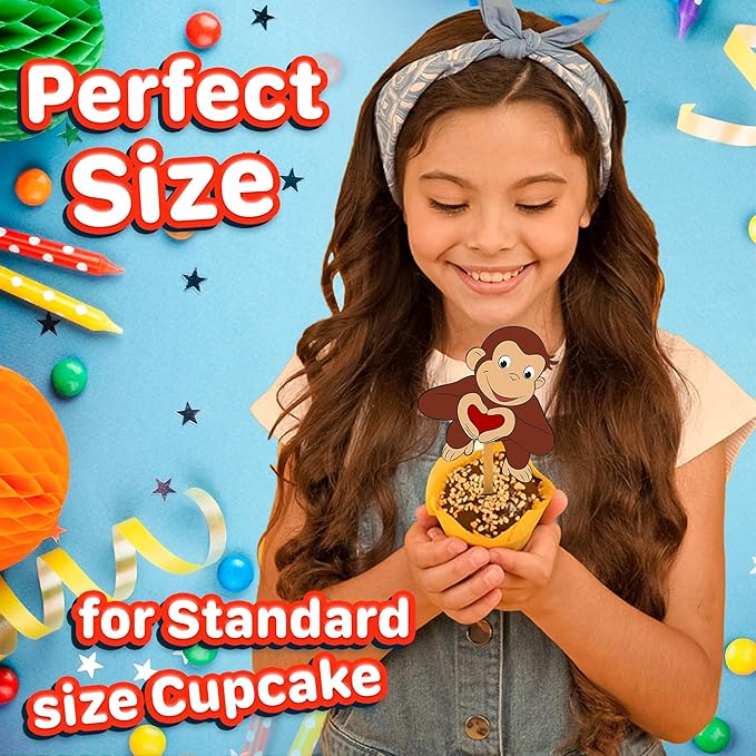 24x Curious Monkey Cupcake Toppers ??Strong Picks Happy Birthday D챕cor, Cupcake Decorations for Kids Birthdays