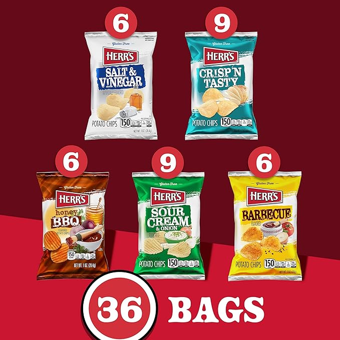 Herr???Potato Chips, Variety Pack, Gluten Free Snacks, 1oz Bag (36 Count)