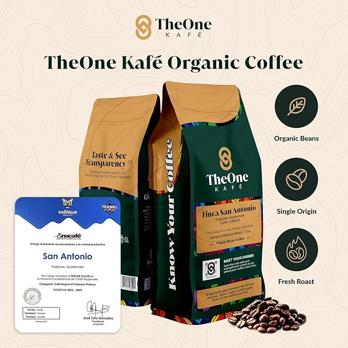 TheOne Kafé Guatemala Medium Roast Whole Bean Coffee ??Organic, Single Origin, Premium Specialty Coffee and Ethically Sourced ??Fresh Roasted for Espresso, Drip, Pour Over ??12 oz (Pack of 2)