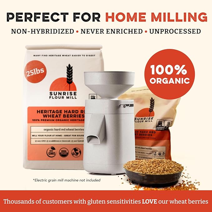 Sunrise Flour Mill Heritage Hard Red Wheat Berries (Turkey Red) (400 Ounce (Pack of 1)) Certified Organic | Non-GMO | Unprocessed | Vegan | Kosher | Shelf-stable Whole Wheat Berries Organic