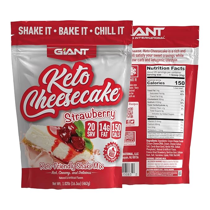 Giant Sports Keto Cheesecake Shake Mix - Delicious Low Carb, Ketogenic Diet Gluten Free Powder Mix - Works Great with Almond Milk - Strawberry (20 Serving Bag)