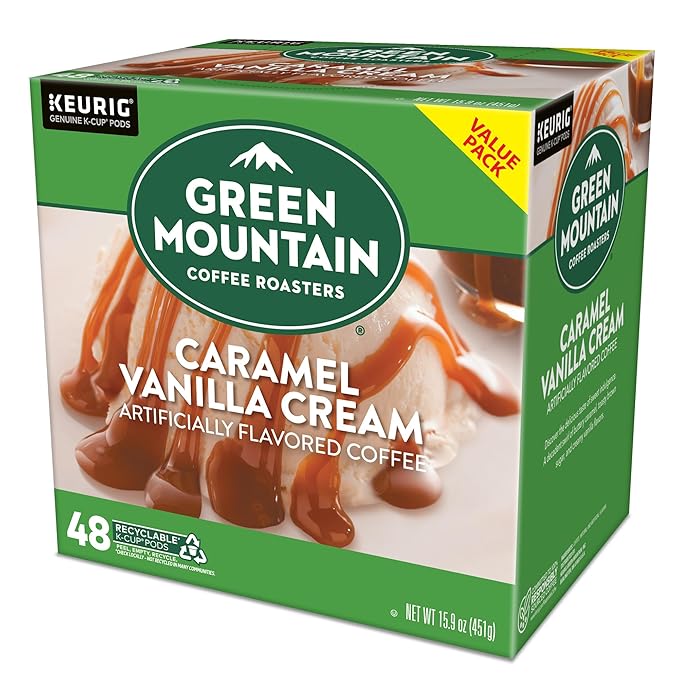 Green Mountain Coffee Roasters Caramel Vanilla Cream, Single-Serve Keurig K-Cup Pods, Flavored Light Roast Coffee Pods, 48 Count