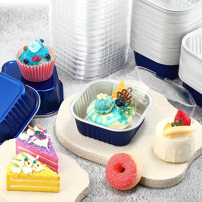 Aoriher 150 Pieces 10 oz Mini Cake Pans with Lids Aluminum Foil Baking Cups Square Disposable 4" x 4" Large Cupcake Cups Baking Tins for Kitchen Brownie Pudding Desserts Holders(Sapphire Blue)