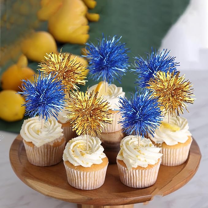 40 PCS Foil Firework Cupcake Toppers Sparkle Tinsel Cupcake Picks Fireworks Birthday Party Decorations Cocktail Fruit Toothpick for Birthday Wedding Graduation Party Decorations Supplies Gold Blue