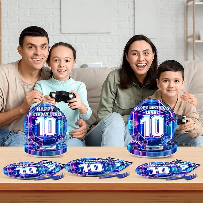 96Pcs 10th Birthday Video Game Plates and Napkins Gamer 10 Years Old Party Decorations Purple and Blue Level 10 Dessert Plates 10th Birthday Tableware for 24 Guests Boys Kids Gaming Party Supplies