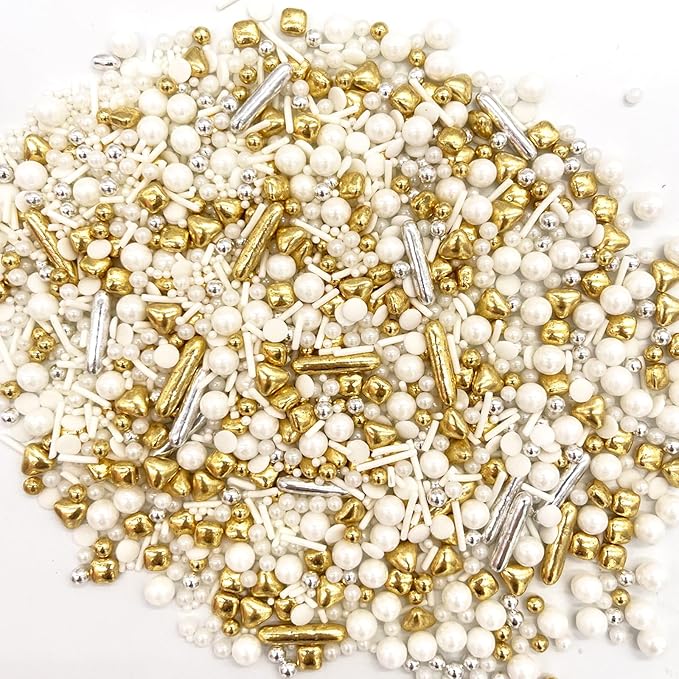Weraru White Deluxe Gold Sprinkles Candy Mixing Size Baking Edible Cake Decorations Cupcake Toppers Cookie Decorating Celebrations Wedding Shower Party Chirstmas Supplies 130g/ 4.58oz