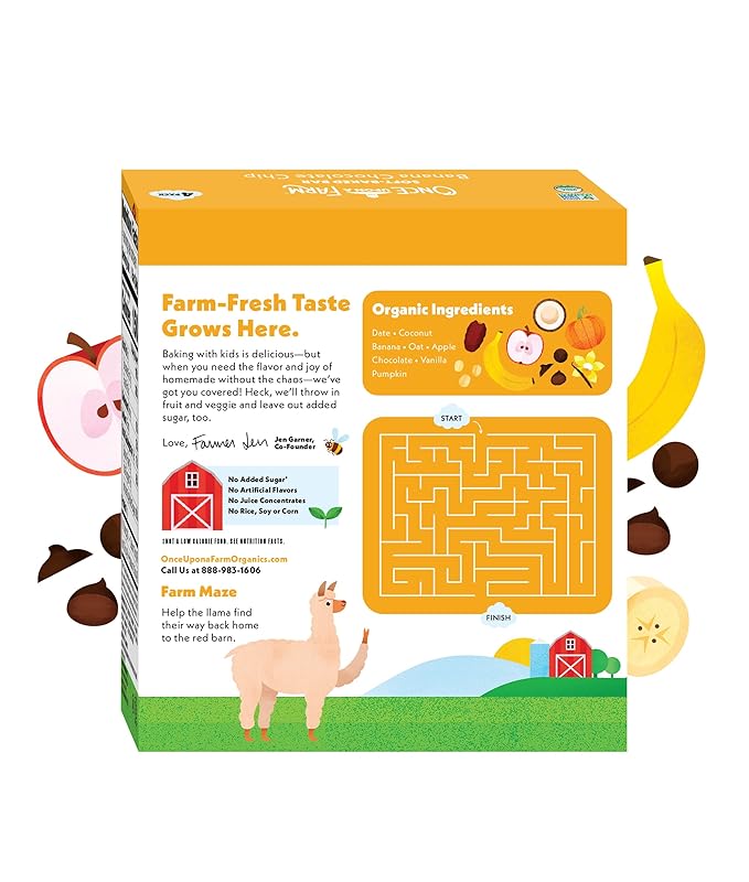 Once Upon a Farm | Organic Banana Chocolate Chip Soft Baked Bar | Chocolate, Banana, Vanilla & Oats | Made with Real Fruit & Veggies | No Added Sugar | 8 Boxes
