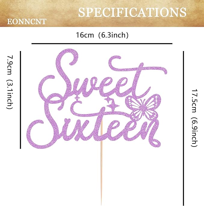 Sweet Sixteen Cake Topper - Purple Glitter Butterfly Theme Sweet 16 Birthday Cake Decorating Supplies for Girls, Sweet 16 Cake Topper for Happy 16th Birthday Anniversary Party Photo Booth Props