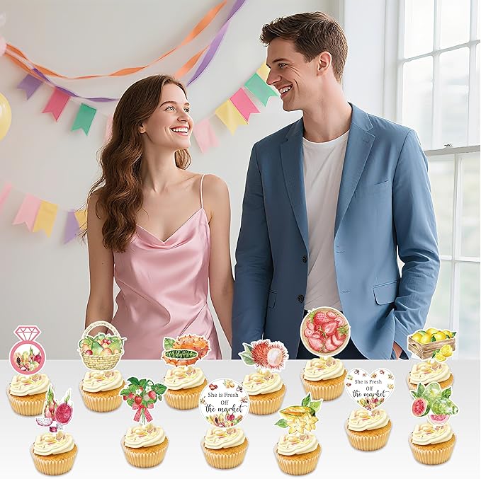 24Pcs Farmer Market Bridal Shower Cupcake Toppers, She is Fresh Off The Market Cupcake Decorations, Fruit Bridal Shower Party Supplies, Bachelorette Decor