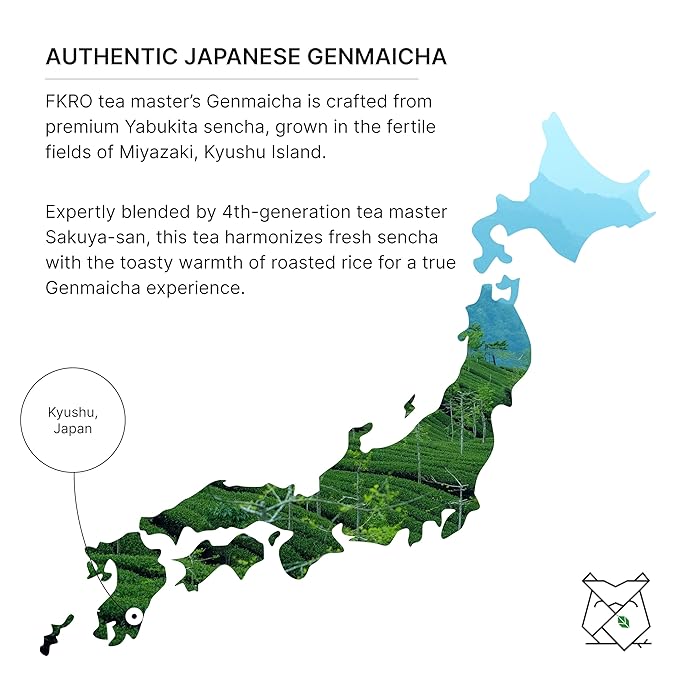 FKRO Organic Genmaicha | Japanese Roasted Rice Green Tea | Loose Leaf Premium Sencha Blend with Roasted Rice | Low Caffeine | Freshly Flown from Japan Monthly (100g/3.5oz Pouch)