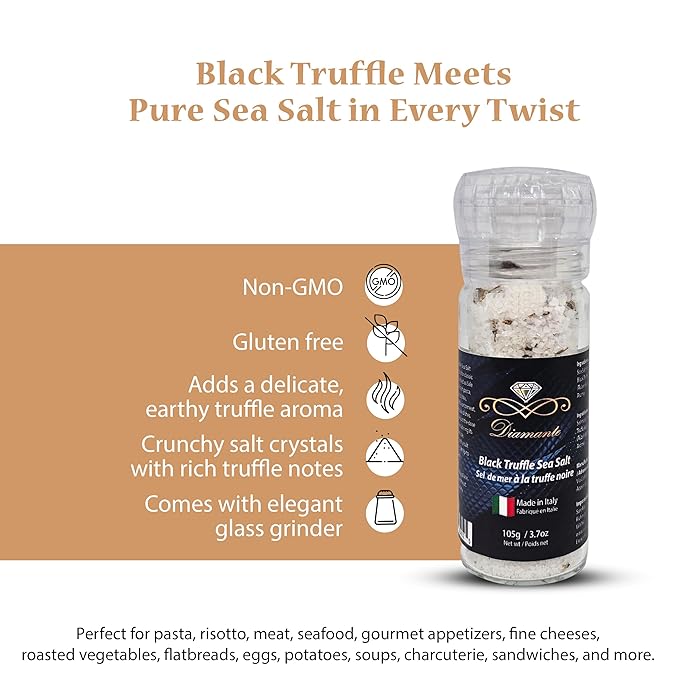 Diamante Italy Black Truffle Sea Salt with Glass Grinder - Gourmet Truffle Salt Seasoning - Specialty Seasoning - Non GMO & Made in Italy - 105g
