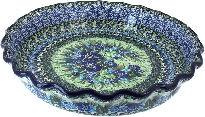 Blue Rose Polish Pottery - Blue Sapphire Fields Pie Plate - 10" Diameter - Ceramic Baking Dish, For Pies, Quiches & Desserts