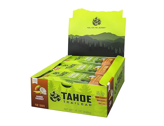 Tahoe Trail Bar, Plant-Based Natural Energy Bar (1.94 Ounce Protein Bar, 12 Count) High Protein Non-GMO, Gluten-Free, Vegan Healthy Snacks - Mango Coconut