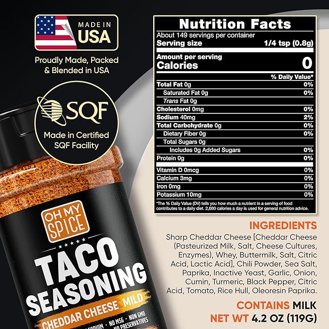 Taco Seasoning Mix Cheddar Cheese Powder - Gluten Free & Low Sodium Mild Cheesy Mexican Seasoning Blend for Taco Tuesday Night. Spicy Nacho Cheese Powder for Fajita & Burrito. Hot Tacos Spices. 4.2oz