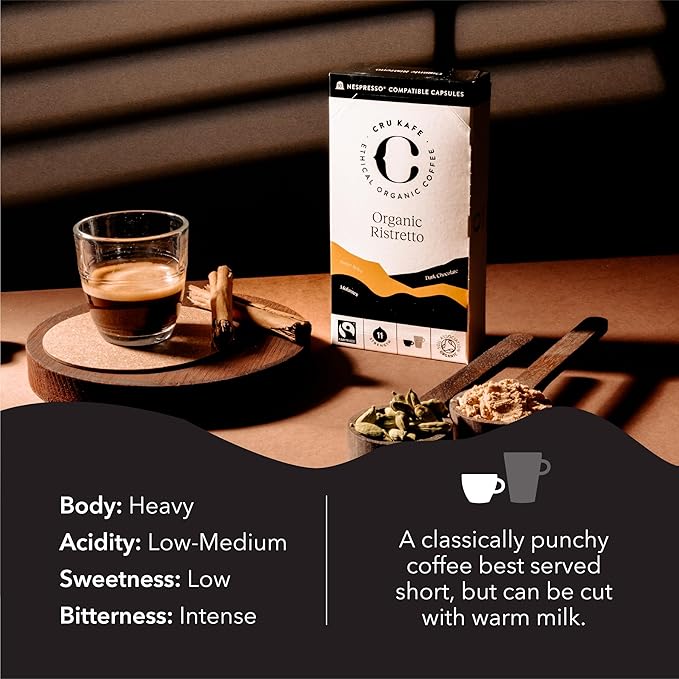Cru Kafe Ristretto USDA Organic Espresso Coffee Capsules (10 Pods) Fairtrade Coffee Pods Compatible with Nespresso Original Line and Pixie Machines
