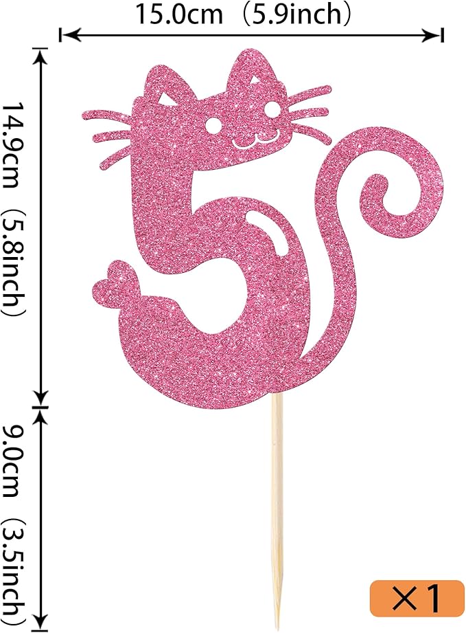 1 Pack Cat Cake Topper 5th Birthday Cake Pick Glitter Cute Pet Cat Cake Decoration for Cat Theme Baby Shower Kids Five Birthday Wedding Party Cake Decorations Supplies Pink