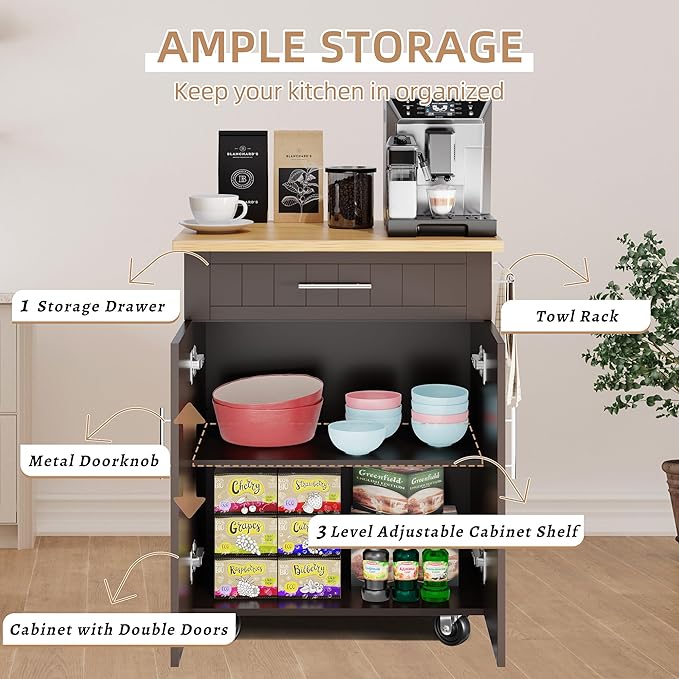 Shintenchi Kitchen Island Cart with Storage,Rolling Kitchen Island Side Table on Wheels with Large Worktop,Storage Cabinet,Towel Rack and Drawers for Kitchen,Dinning Room, Brown