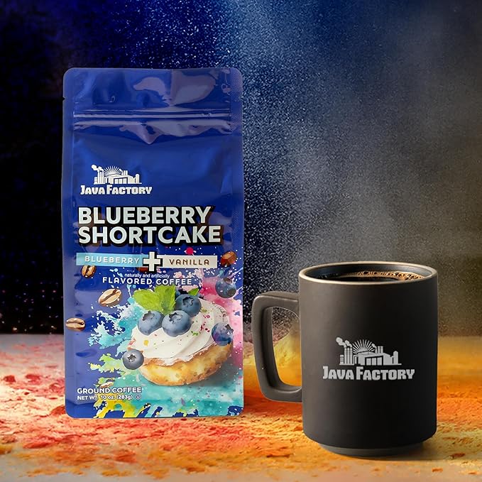 Java Factory Blueberry Shortcake Flavored Ground Coffee Bag ??Blueberry and Vanilla Cream Brew, Made with 100% Arabica Beans - Flavor Enhanced, 10 Oz