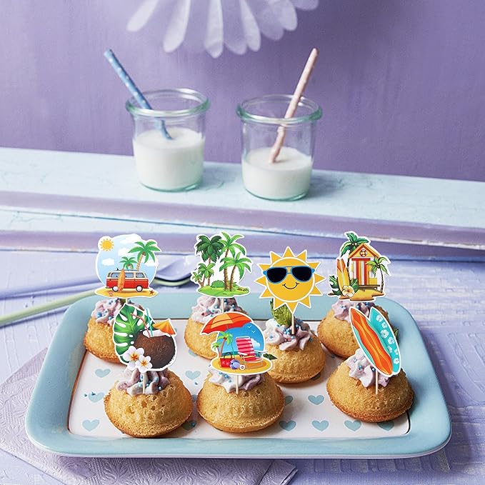 40 Pack Summer Beach Cupcake Toppers Sun Umbrella Coconut Bus House Cupcake Picks Slippers Kayak Cake Decorations for Baby Shower Hawaii Beach Birthday Party Supplies