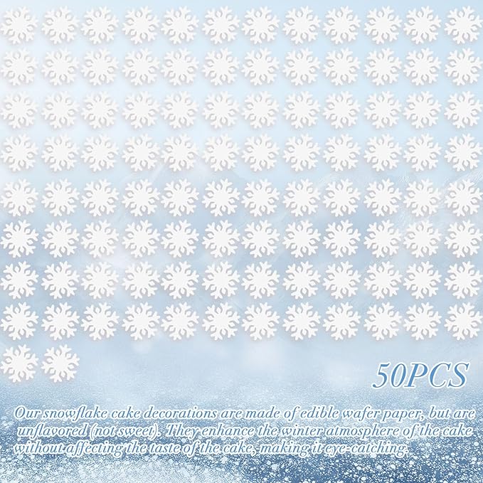 50pcs Edible Snowflake Cupcake Toppers ??Edible Cake Decorations & Snowflake Cake Decorations for Christmas, Winter & Any Party (White)