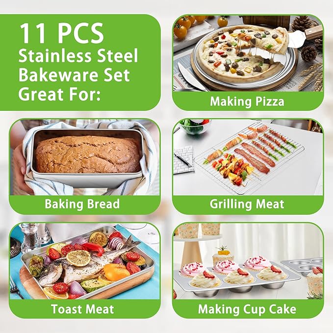 Bakeware Sets of 11, P&P CHEF Stainless Steel Baking Pans Set, Includes Baking Sheets and Rack, Lasagna Pan with Lid, Round/Square Cake Pan, Muffin Pans, Loaf Pan, Reusable & Durable
