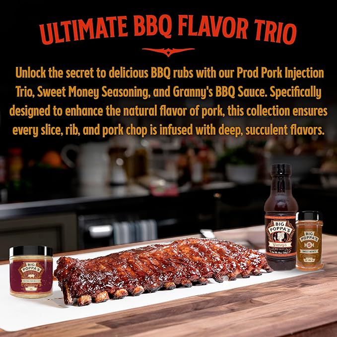Big Poppa's Pork Bundle – Includes Succulent Pork Prod Injection, Award-Winning Sweet Money Seasoning & Savory Granny's Sauce – Flavorful BBQ Seasoning Trio for BBQ Lovers