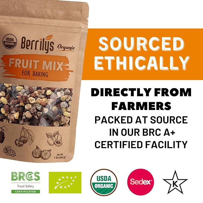 Berrilys Organic Dried Fruit Mix of Diced Figs, Apricots, White Mulberries, Sultanas, Sour Cherries - No Sugar Added, Non-GMO, Perfect for Baking, Trail Mix & Snacking - USDA Organic - | 1lb