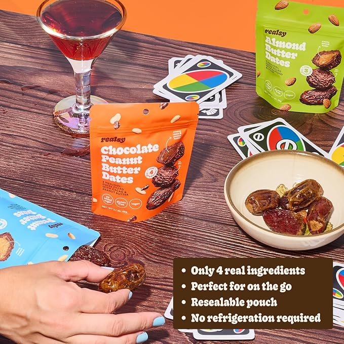 Realsy Pitted & Stuffed Medjool Dates, Organic Dates with No Sugar Added, Gluten-Free, Vegan, Good Source of Fiber, Low Glycemic Index, All Natural Healthy Snack (Variety 6 Pack)