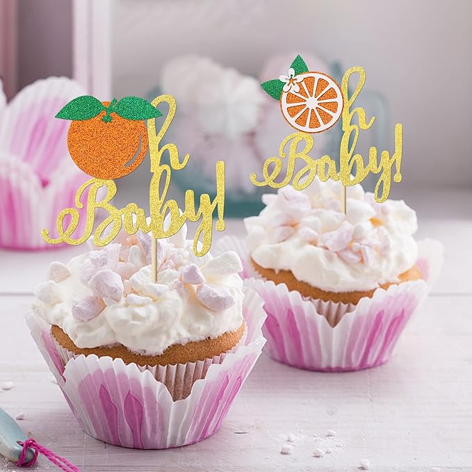 24 Pack Little Cutie Oh Baby Cupcake Toppers Glitter Orange Cupcake Picks for Citrus Theme Baby Shower Kids Birthday Party Tangerine Clementine Fruit Party Cake Decorations Supplies