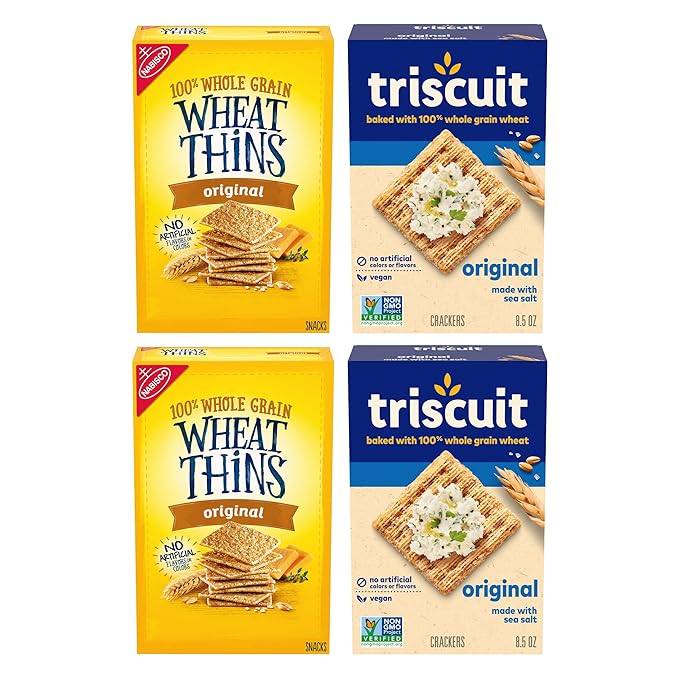 Triscuit Original Whole Grain Wheat Vegan Crackers and Wheat Thins Original Whole Grain Wheat Snacks Variety Pack, 4 Boxes