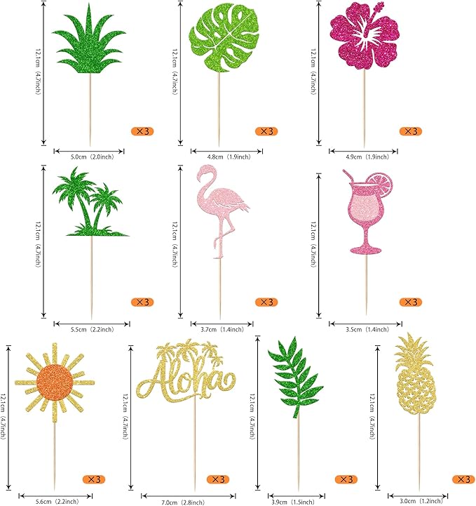 Rsstarxi 30 Pack Tropical Cupcake Toppers Sun Glitter Flamingo Hawaiian Luau Aloha Cupcake Picks for Summer Tropical Baby Shower Wedding Birthday Party Cake Decorations Supplies