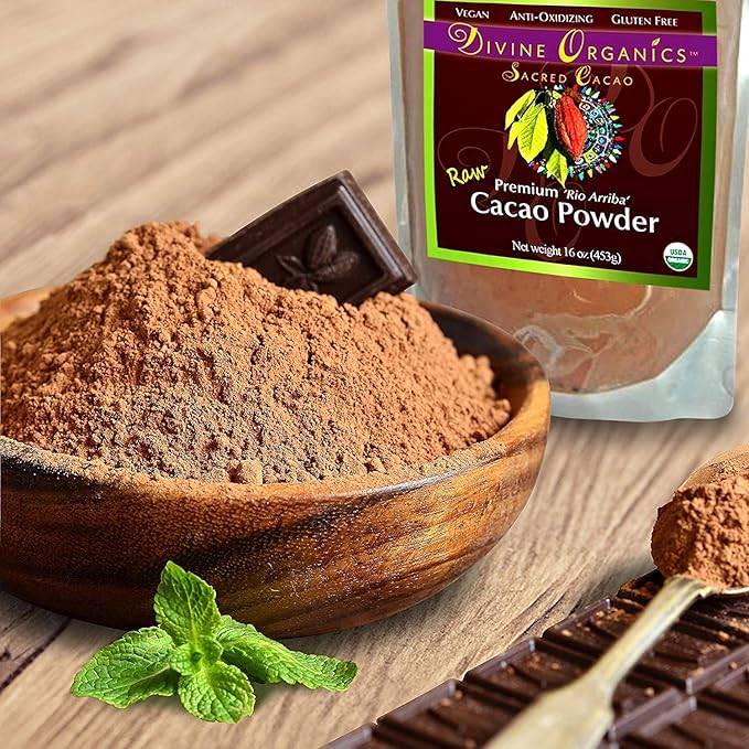 Divine Organics Raw Cacao Powder/Raw Cocoa Powder - Certified Organic - Premium Rio Arriba - Smoothies, Hot Chocolate, Baking, Shakes, Add to Coffee - Rich in Magnesium (16oz)