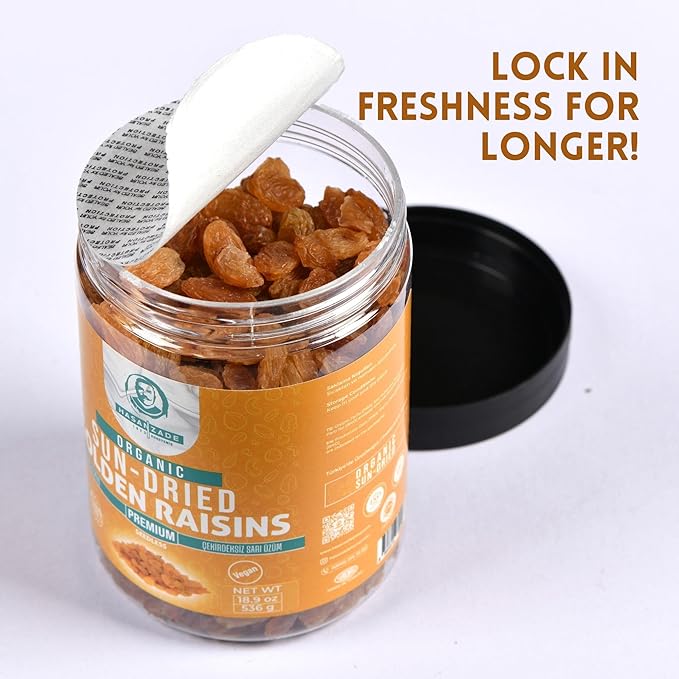 HASANZADE Golden Raisins Organic Gluten Free Vegan Sun Dried Fruit Organic Raisins Healthy Snacks for Adults and Kids Resealable Jar(18,9 Oz)