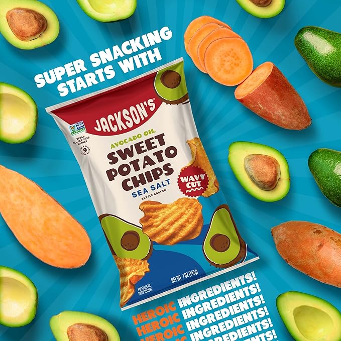 Jackson???Wavy Sweet Potato Kettle Chips - with Sea Salt made with Premium Avocado Oil (7oz, Pack of 6) - Allergen-friendly, Gluten Free, Peanut Free, Vegan, Paleo Friendly - Shark Tank Product