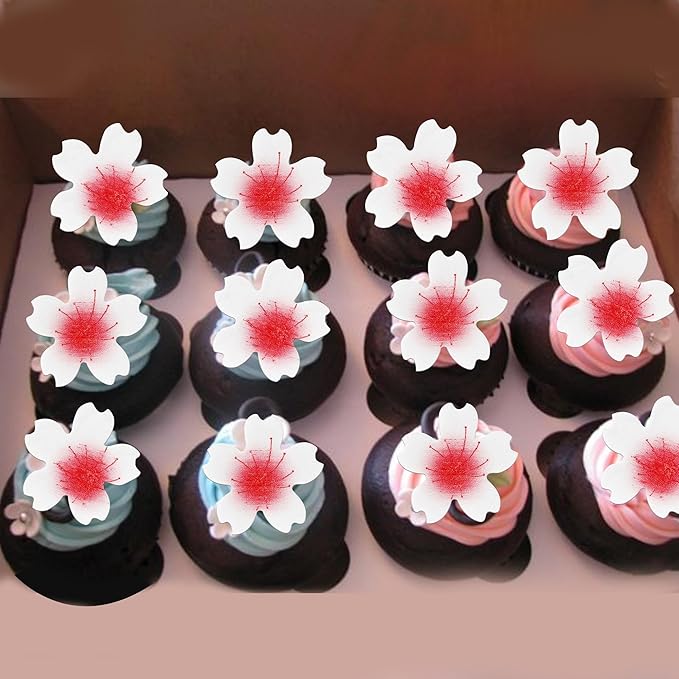 100 Pack Edible Cherry Blossom Cake Toppers - Flowers Cupcake Picks Rice Paper Wafer for Baby Shower, Bridal Shower, Kids Birthday Party Cake Decorations
