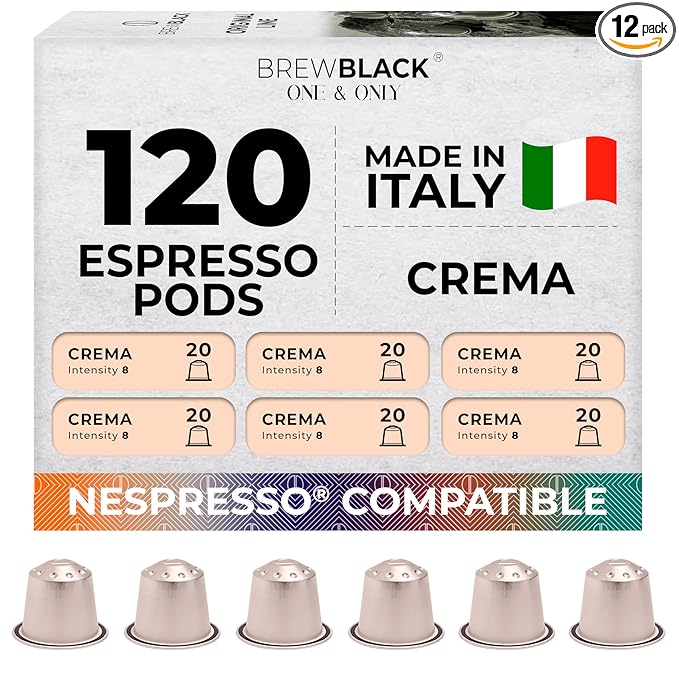 BrewBlack Crema Coffee Capsules - 120 Aluminum Coffee Pods Compatible with Nespresso Original line, Medium Roast - Intensity 8/12, Made in Italy