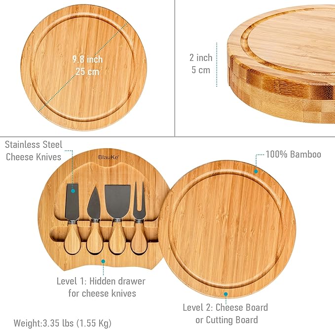 BlauKe Bamboo Cheese Board and Knife Set - 10 inch Round Charcuterie Board, Serving Tray, Platter, Wood Cheese Set - Gift Idea