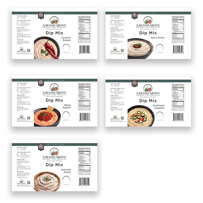 A Blend Above Spicy Dip Mix 5 Pack Includes Spicy Garlic, Lonestar Ranch, Ghost Pepper, Carolina Reaper, and Southwest Jalape챰o Spicy Dip, Gluten-Free, No MSG, All Natural, No Preservatives, Vegetable Dip, Keto Friendly, Low Carb, Low Sodium, Easy to Make