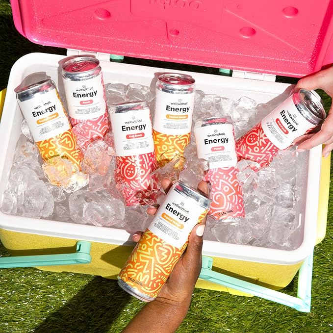 WellWithAll Energy Drink Variety Pack ??Fruit Punch, Tropical Mango, and Peach Flavors ??Caffeine from Tea ??With Vitamin C ??Lightly Sparkling Beverage ??Fruit & Veggie Juice Blend ??12 Oz (Pack of 12 ??4 Cans of Each Flavor )