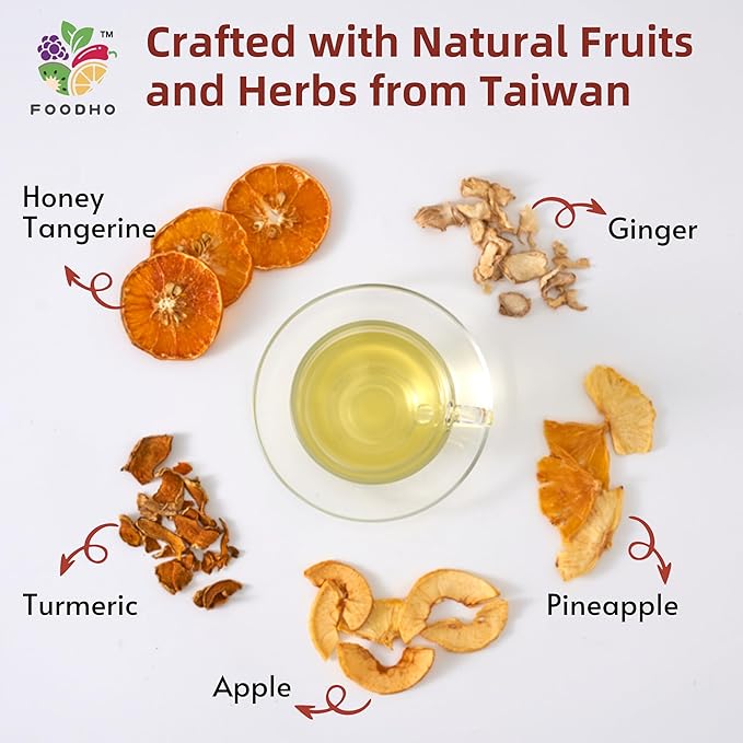 FOODHO Fruit Herbal Blend Functional Tea for Vitality with Honey Tangerine, Apple, Pineapple, Ginger and Turmeric, Hot or Iced Refreshingly Fruity, 10 Decaf Tea Bags