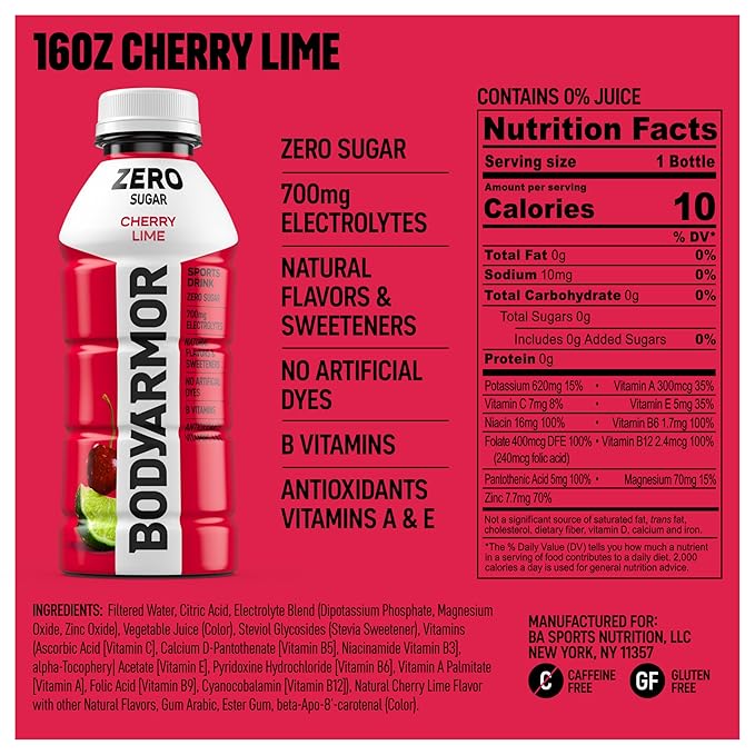 BODYARMOR ZERO Sugar Cherry Lime, Sugar Free Sports Drink - Low-Calorie Hydration - Natural Flavors with Potassium Packed Electrolytes, Antioxidants, and B-vitamins, 16 fl oz (pack of 12)