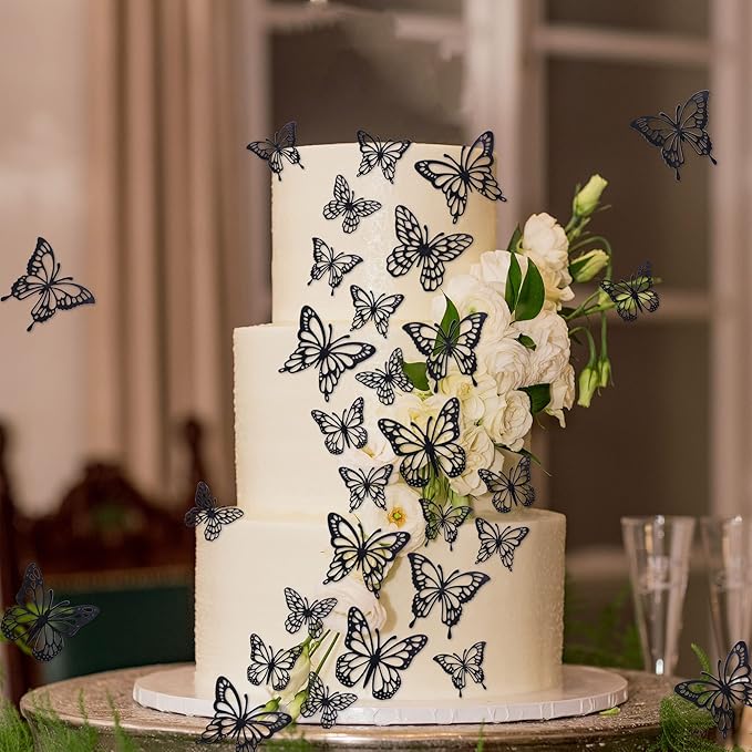 40 PCS Laser 3D Butterfly Cupcake Toppers Hollow Arts Cake Decorations for Baby Shower Wedding Fairy Birthday Party Supplies Wall Sticker Decoration Mixed Styles Black