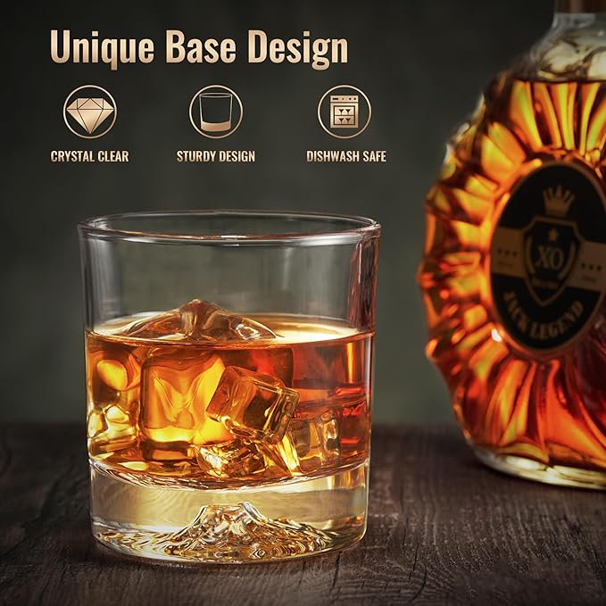 Whiskey Glasses Set of 6 with Unique Raised Mountain Base, Premium Crystal Bourbon Scotch Glass for Men Dad, Solid Old Fashioned Glass Lowball Glasses Rocks Glasses -12Oz