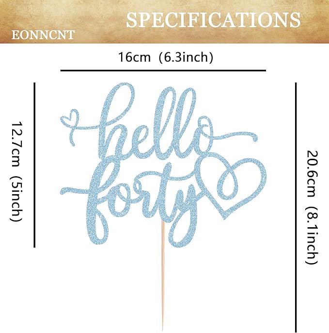Hello Forty Cake Topper - Light Blue Glitter 40th Birthday Cake Decorating Supplies for Women, Hello 40 Cake Decor for 40th Birthday/Anniversary Party Photo Booth Props