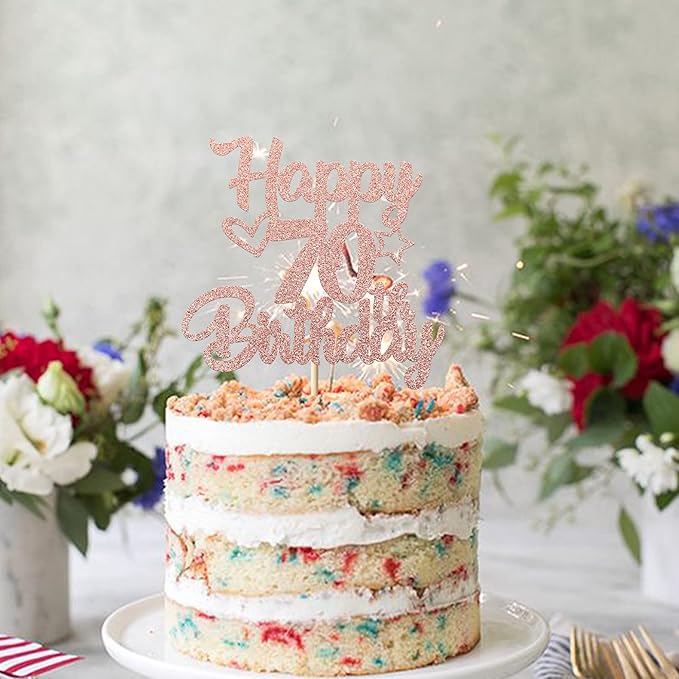 1 Pack Happy 70th Birthday Cake Topper Glitter Heart Star 70 Fabulous Cake Pick Birthday Sign Cake Decorations for Children 70th Birthday Theme Party Supplies Rose Gold