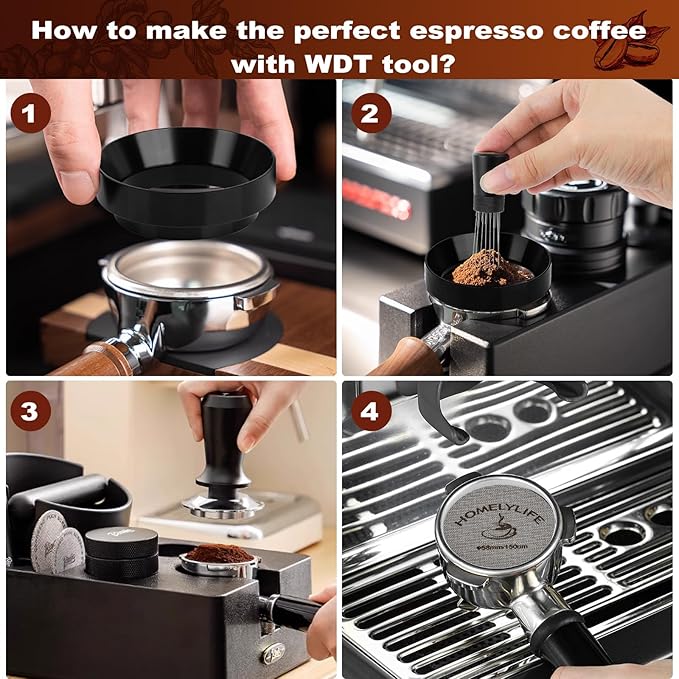 WDT Tools Espresso Puck Screen, 58mm Espresso Accessories Kit - 150關m Puck Screen Set, 0.25mm 316 Stainless Steel 8 Needles Coffee Distribution Stirrer, 58mm Portafilter Dosing Ring for Barista Black