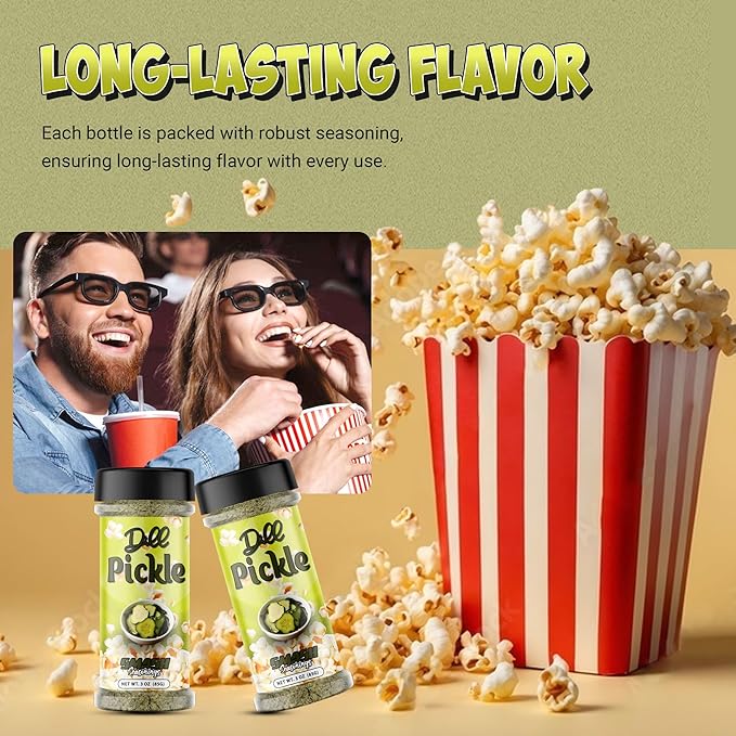Dill Pickle Popcorn Seasoning Shaker ??2 Pack Tangy Snack Blend with Premium Dill & Vinegar ??Bold Gourmet Sprinkle for Popcorn, Chips, Fries, Veggies, Potatoes, Sandwiches, Snacks, Meals, Parties