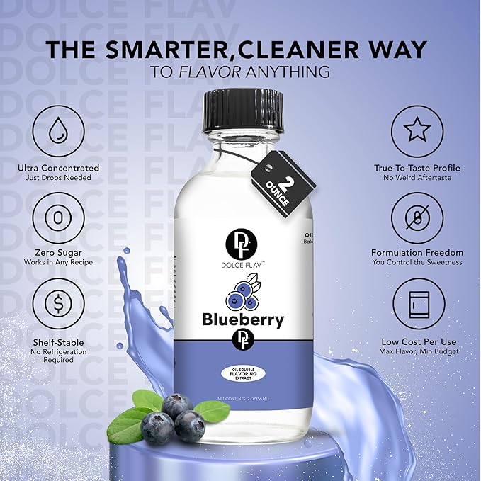 Dolce Flav Blueberry Extract ??8 Ounce Oil-Soluble Kosher, Sugar-Free, Concentrated Ripe Blueberry Flavoring for Baking, Chocolates & Desserts, Includes Measured Dropper