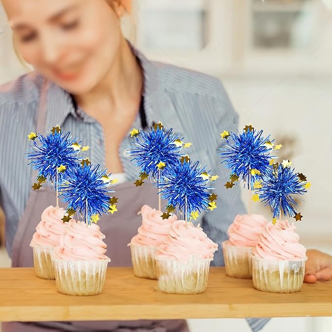 Rsstarxi 30 Pack Foil Firework Cupcake Toppers Sparkle Tinsel Drink Cake Decorations Cocktail Food Toothpicks for Happy Valentine's Day Birthday Wedding Graduation Party Decorations Blue