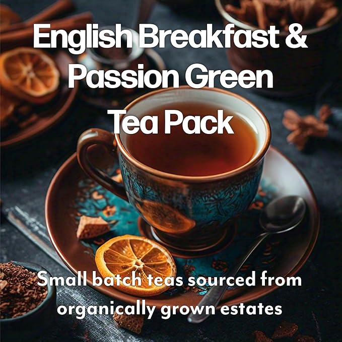 Maud's Organic Passion Green Tea & Organic English Breakfast Black Tea Bundle, 48 ct, Recyclable Single Serve Pods ??100% Gourmet Blended Tea Leaves, Compatible with Keurig K Cups Maker